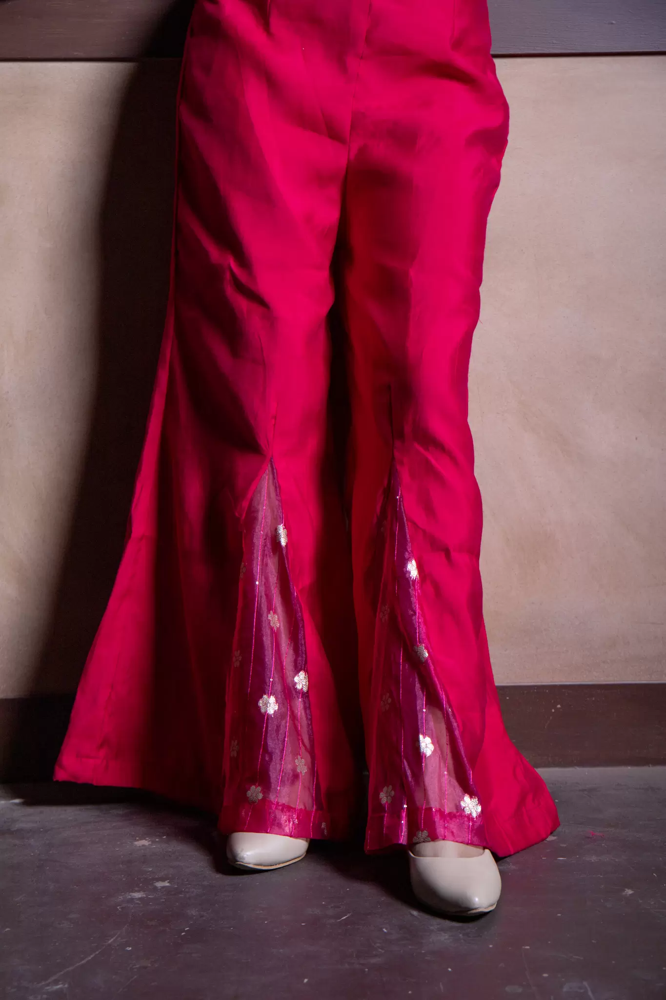 Rani Pink Co ord set with asymmetric cut and ruffle Sleeve with Bell Bottom Pants