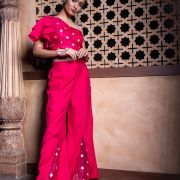 Rani Pink Co ord set with asymmetric cut and ruffle Sleeve with Bell Bottom Pants