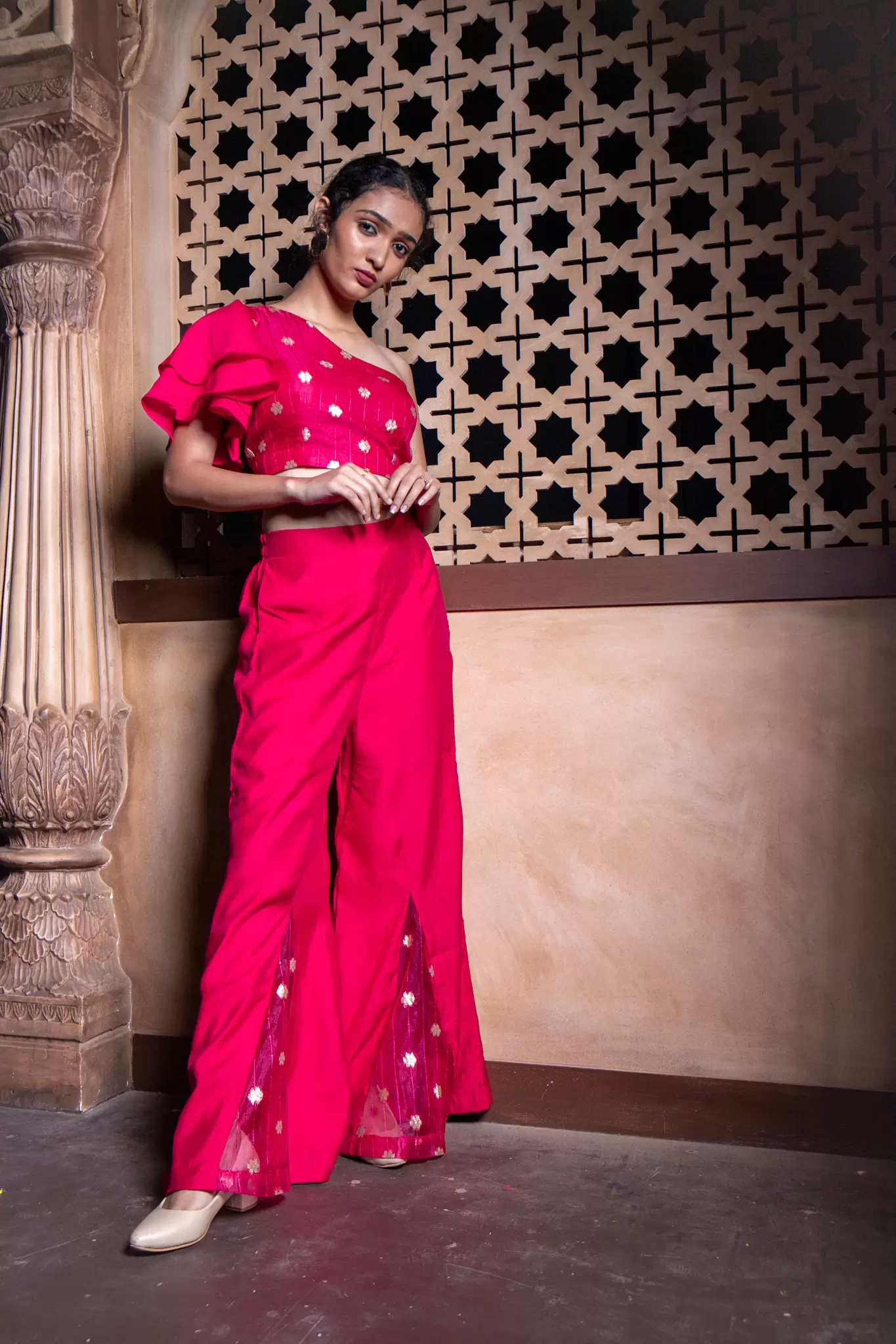 Rani Pink Co ord set with asymmetric cut and ruffle Sleeve with Bell Bottom Pants