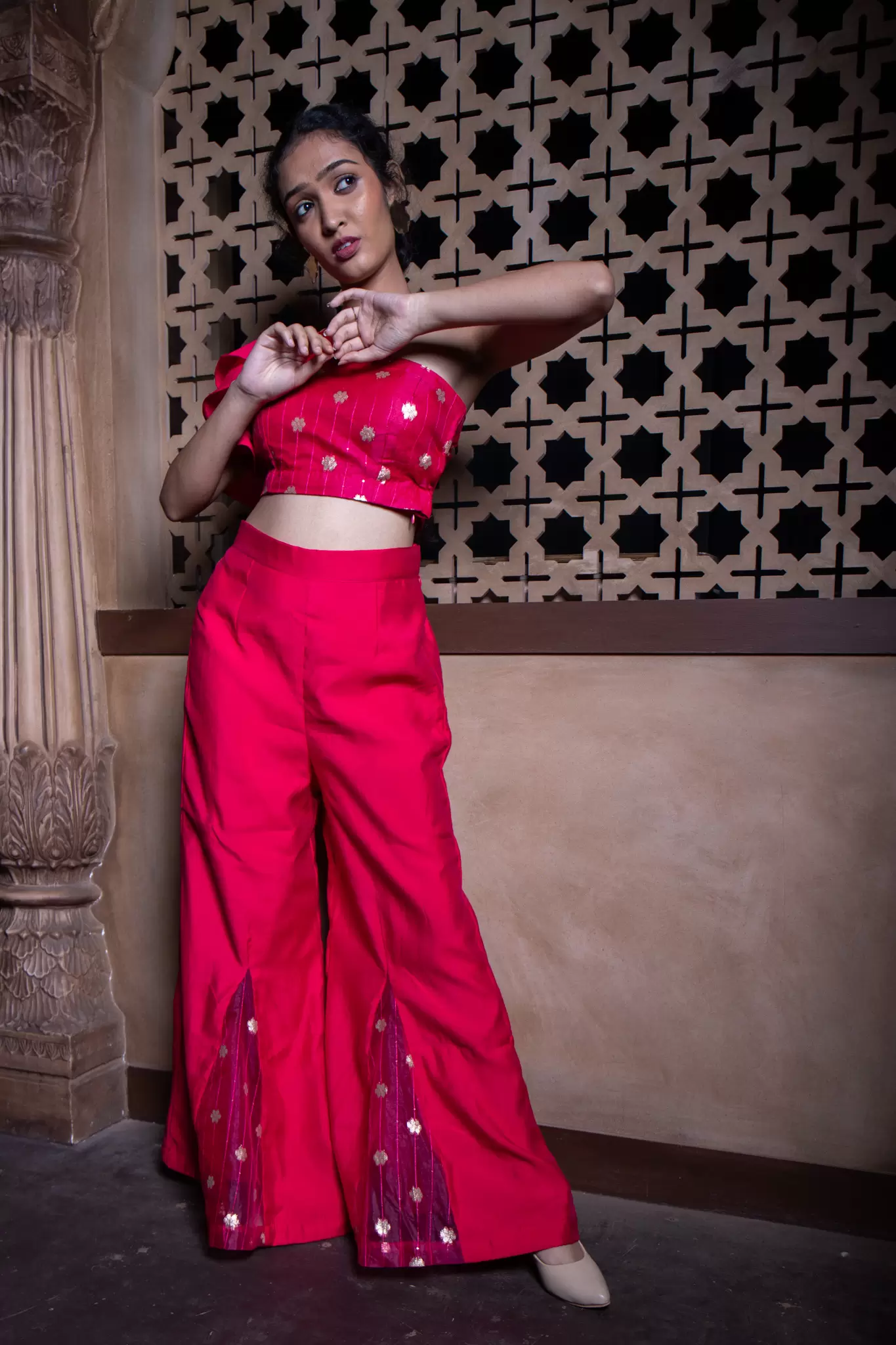 Rani Pink Co ord set with asymmetric cut and ruffle Sleeve with Bell Bottom Pants