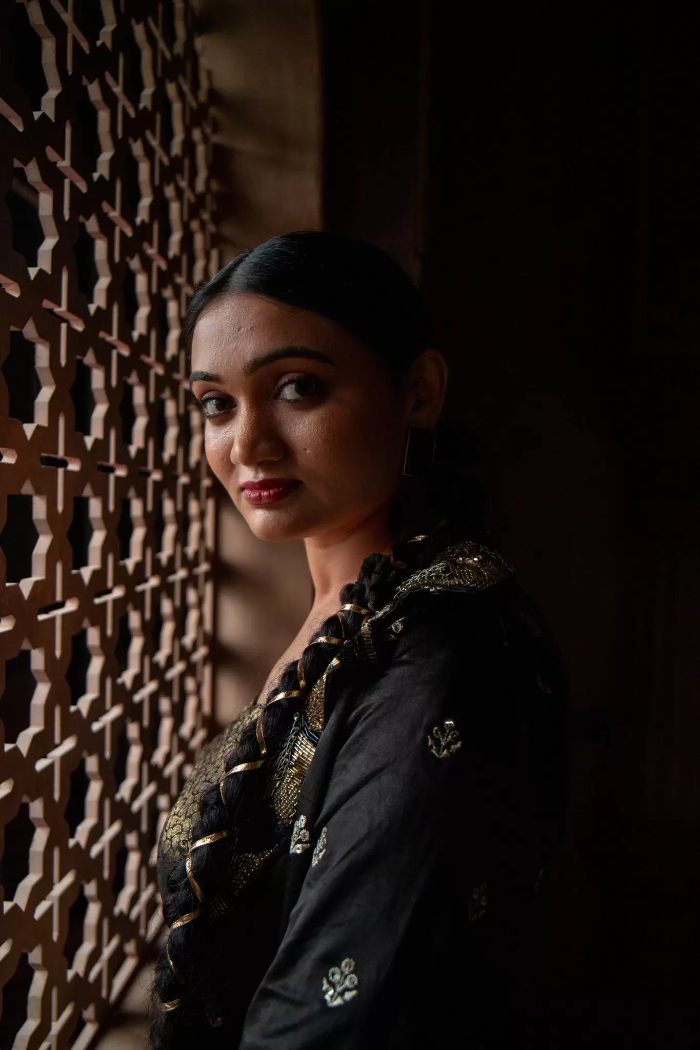 Black Drape Dhoti skirt & blouse with Gajji silk Jacket with hand embroidered Collar & belt