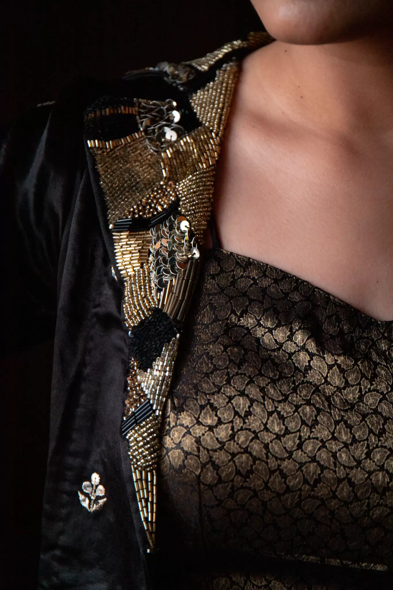 Black Drape Dhoti skirt & blouse with Gajji silk Jacket with hand embroidered Collar & belt