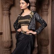 Black Drape Dhoti skirt & blouse with Gajji silk Jacket with hand embroidered Collar & belt