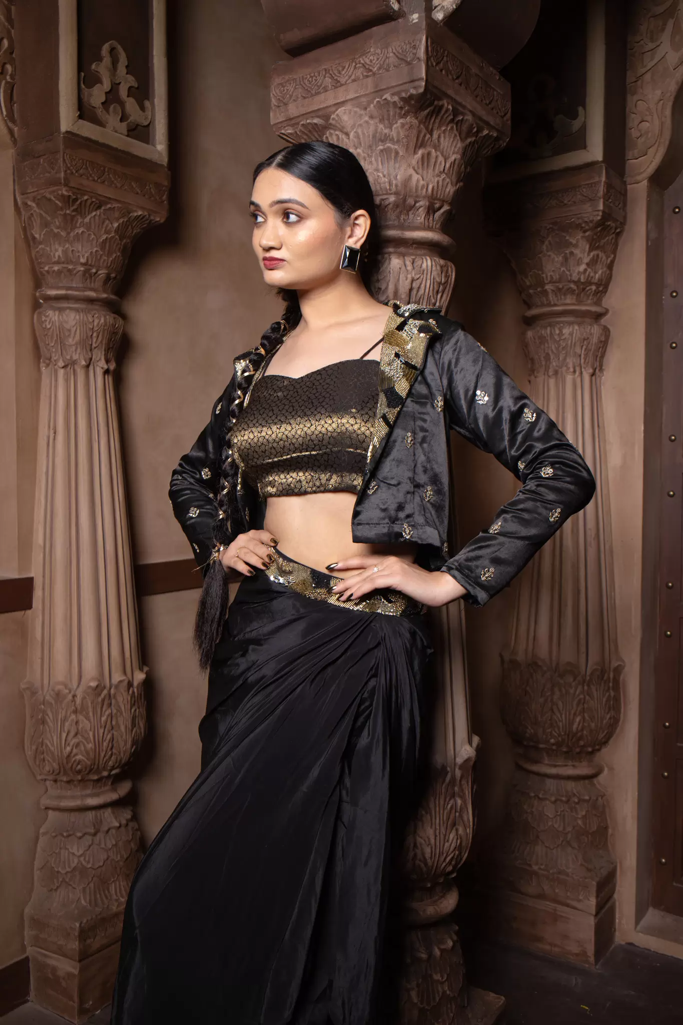 Black Drape Dhoti skirt & blouse with Gajji silk Jacket with hand embroidered Collar & belt