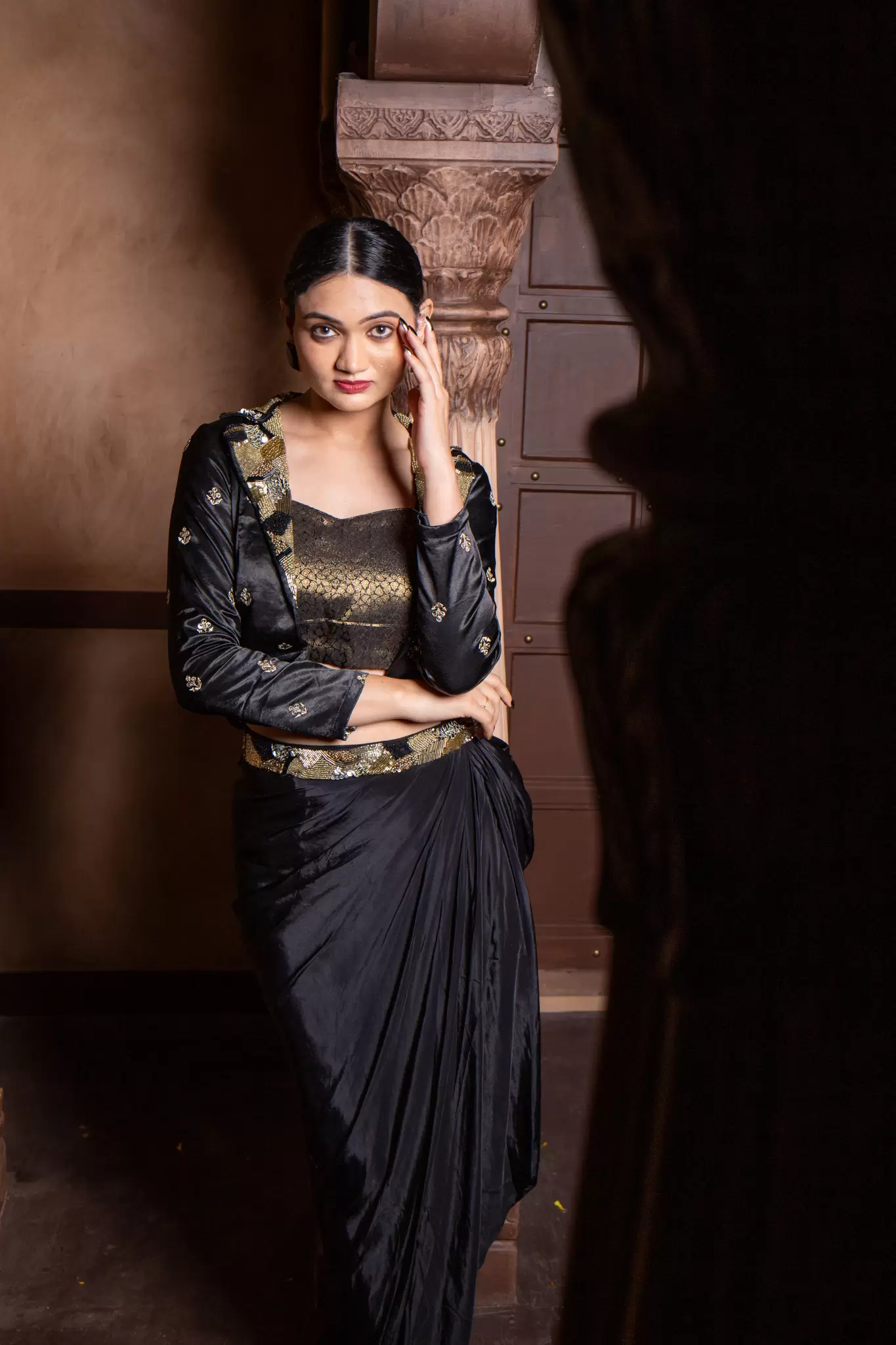 Black Drape Dhoti skirt & blouse with Gajji silk Jacket with hand embroidered Collar & belt