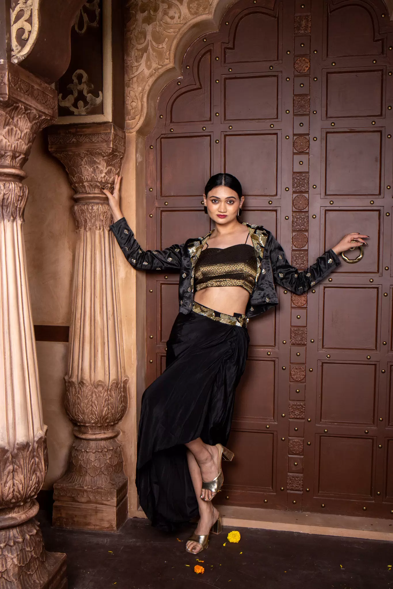 Black Drape Dhoti skirt & blouse with Gajji silk Jacket with hand embroidered Collar & belt