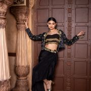 Black Drape Dhoti skirt & blouse with Gajji silk Jacket with hand embroidered Collar & belt