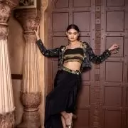 Black Drape Dhoti skirt & blouse with Gajji silk Jacket with hand embroidered Collar & belt
