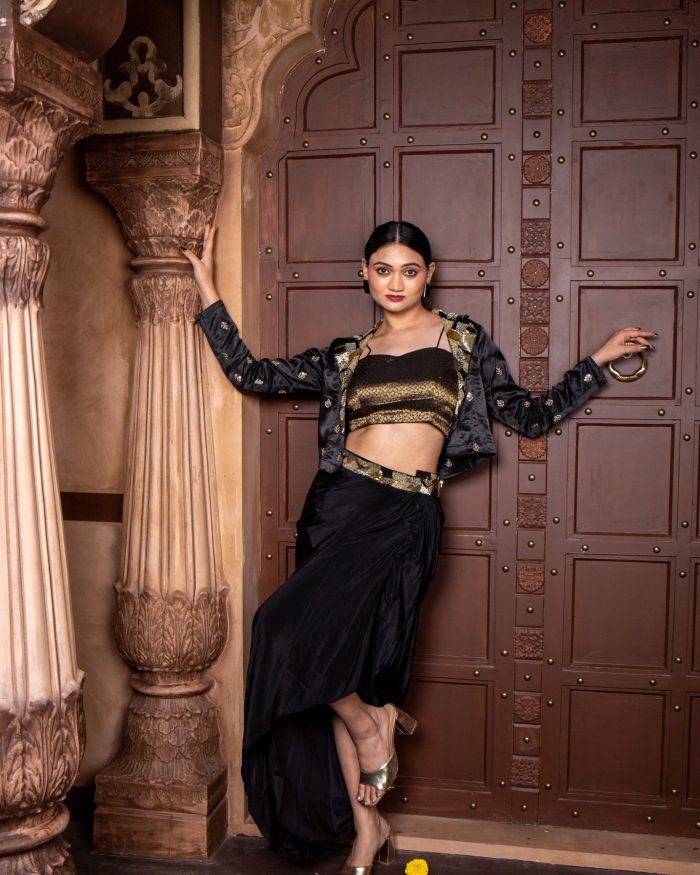 Black Drape Dhoti skirt & blouse with Gajji silk Jacket with hand embroidered Collar & belt