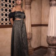 Black Banarasi Off shoulder Jumpsuit with Cut detail on the waist and puffed sleeves