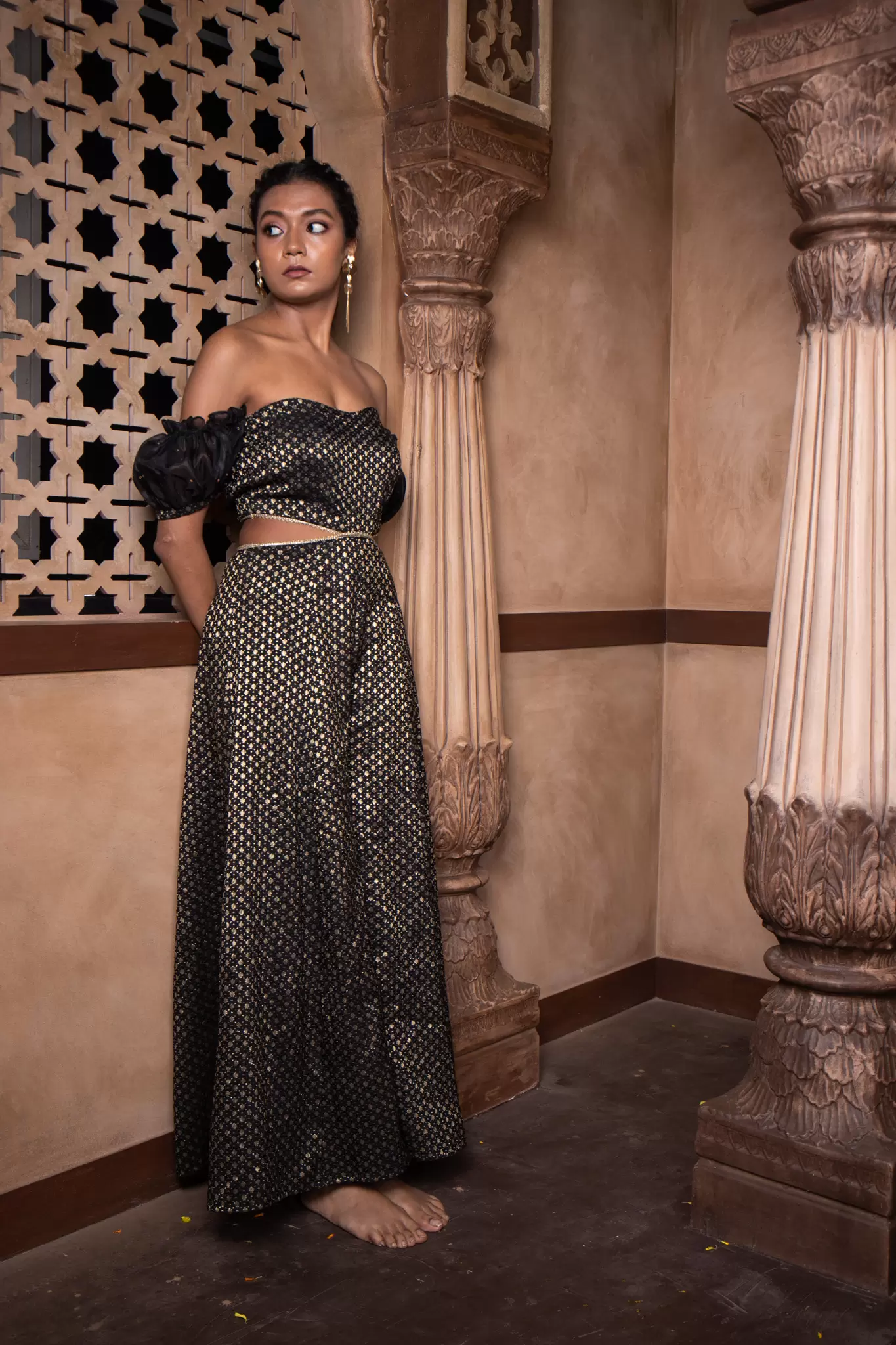 Black Banarasi Off shoulder Jumpsuit with Cut detail on the waist and puffed sleeves