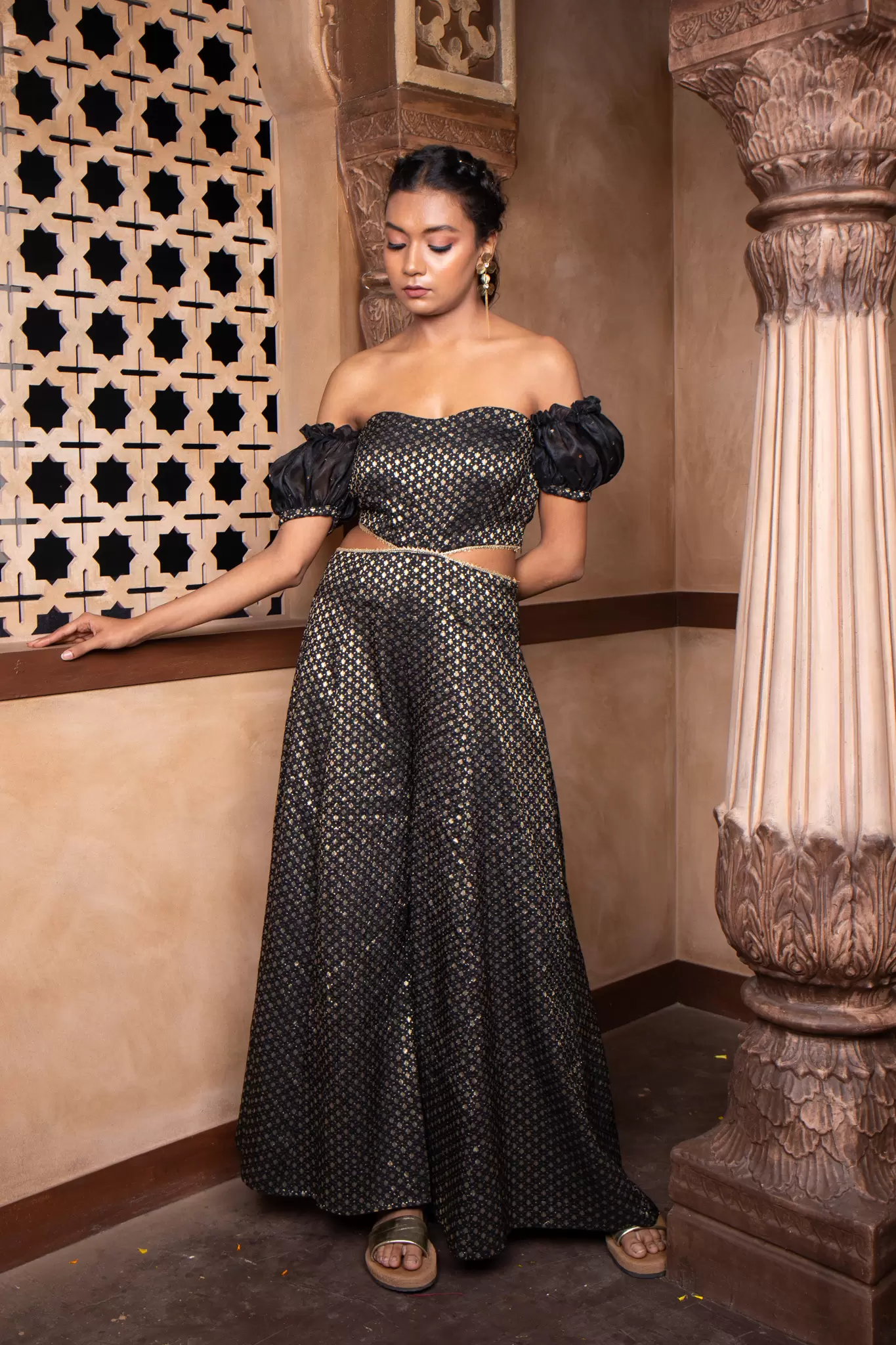 Black Banarasi Off shoulder Jumpsuit with Cut detail on the waist and puffed sleeves