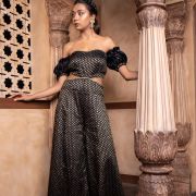 Black Banarasi Off shoulder Jumpsuit with Cut detail on the waist and puffed sleeves