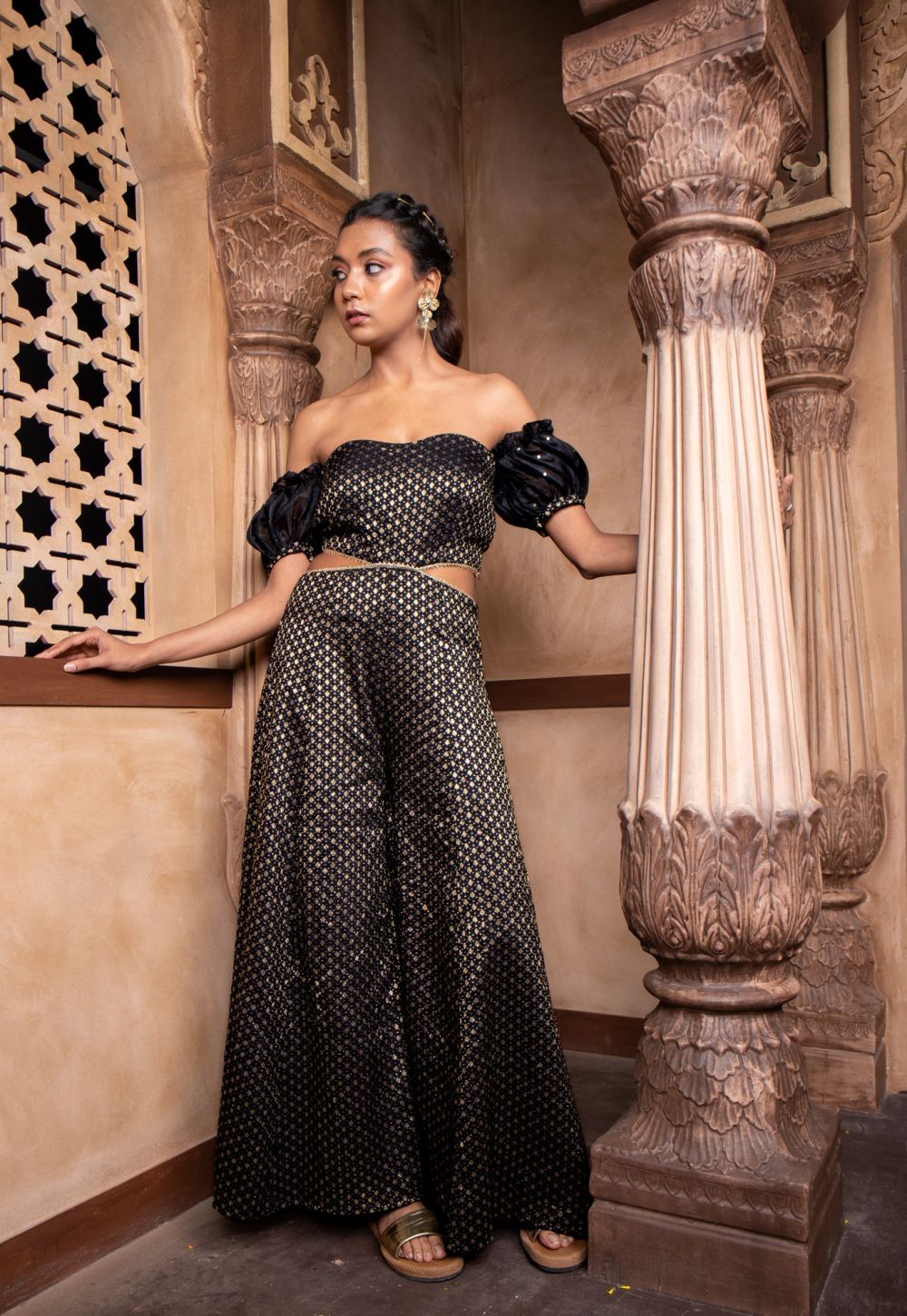 Black Banarasi Off shoulder Jumpsuit with Cut detail on the waist and puffed sleeves