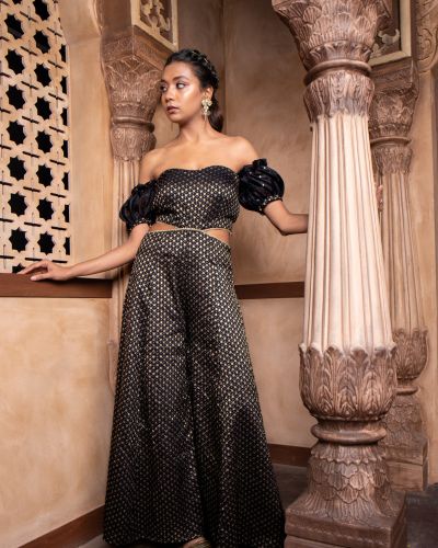 Black Banarasi Off shoulder Jumpsuit with Cut detail on the waist and puffed sleeves