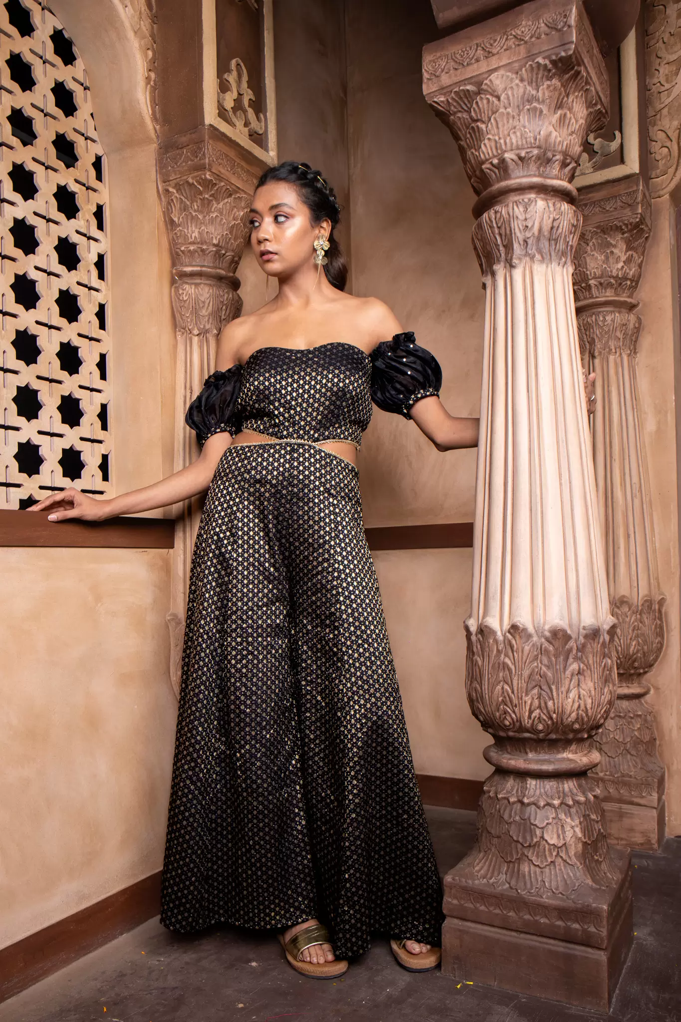 Black Banarasi Off shoulder Jumpsuit with Cut detail on the waist and puffed sleeves