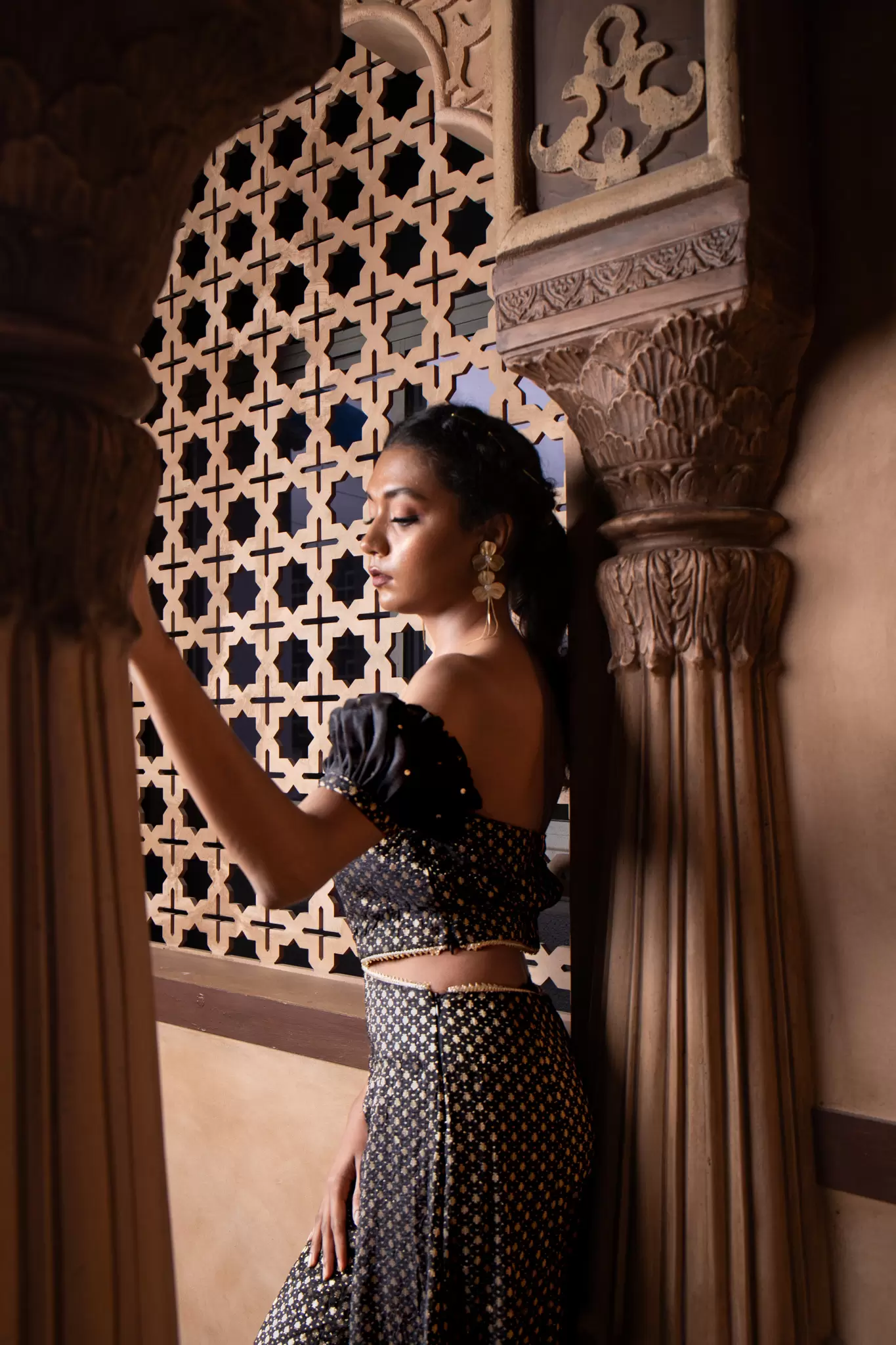 Black Banarasi Off shoulder Jumpsuit with Cut detail on the waist and puffed sleeves