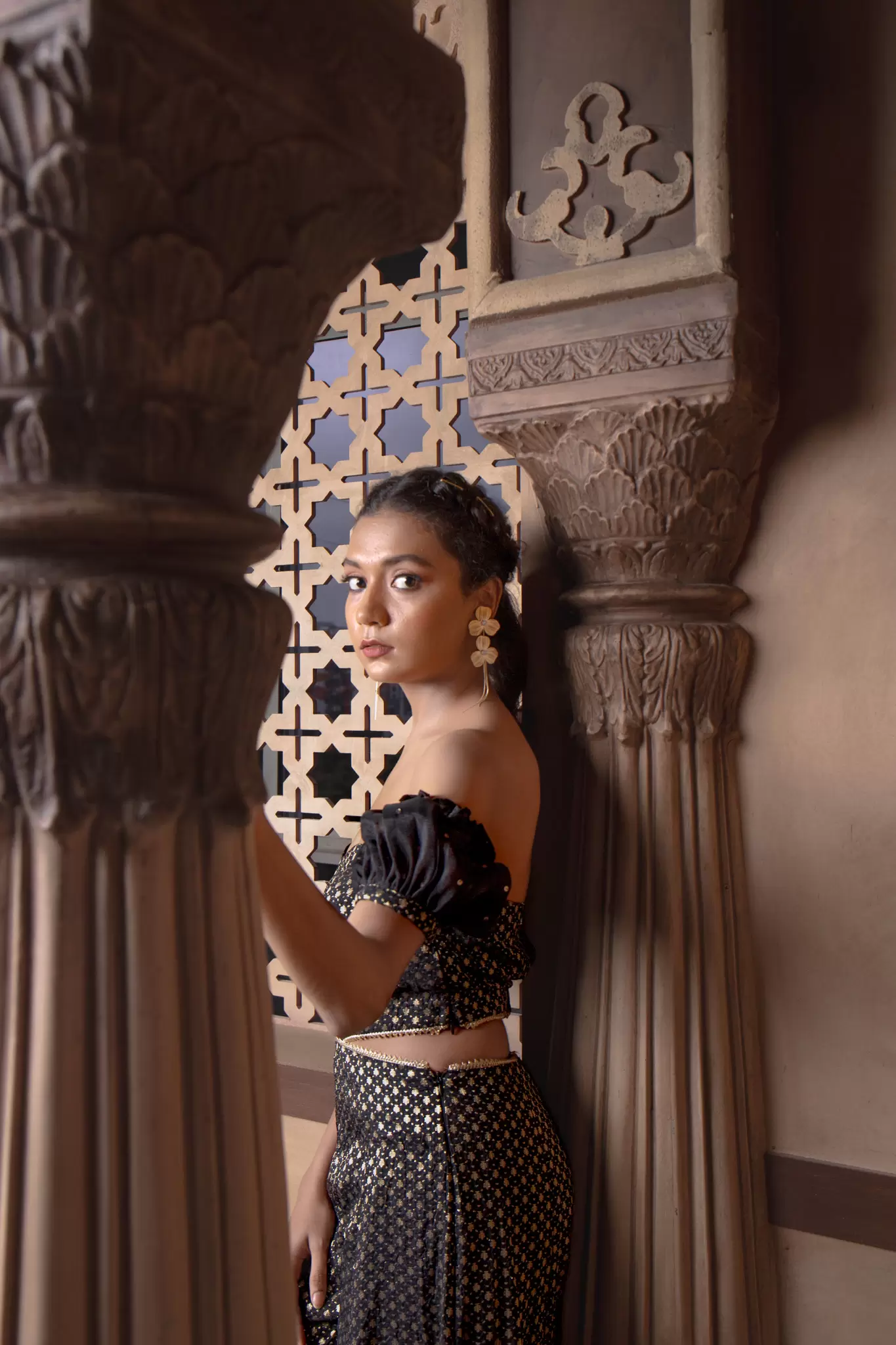 Black Banarasi Off shoulder Jumpsuit with Cut detail on the waist and puffed sleeves