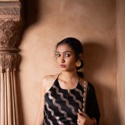 Halter neck Slit Black Kurta in Leheriya Banarasi Fabric with Flared Kali Pallazo and Dupatta set