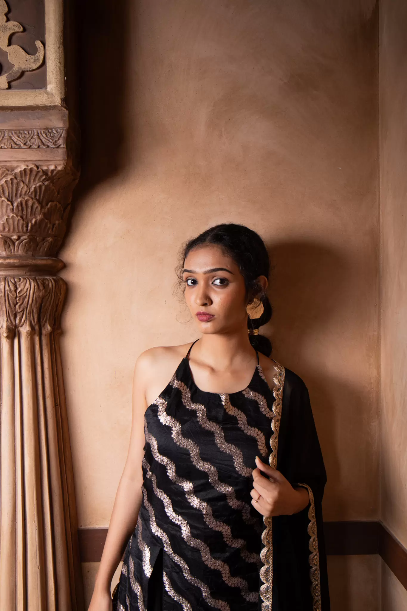 Halter neck Slit Black Kurta in Leheriya Banarasi Fabric with Flared Kali Pallazo and Dupatta set