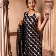 Halter neck Slit Black Kurta in Leheriya Banarasi Fabric with Flared Kali Pallazo and Dupatta set