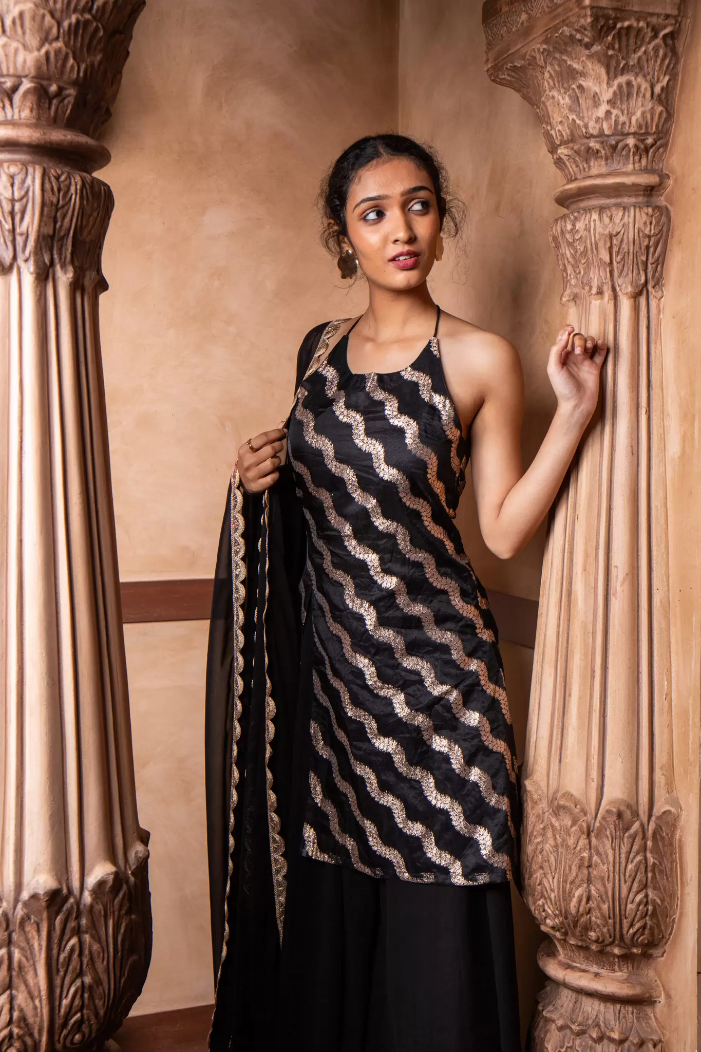 Halter neck Slit Black Kurta in Leheriya Banarasi Fabric with Flared Kali Pallazo and Dupatta set