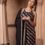 Halter neck Slit Black Kurta in Leheriya Banarasi Fabric with Flared Kali Pallazo and Dupatta set