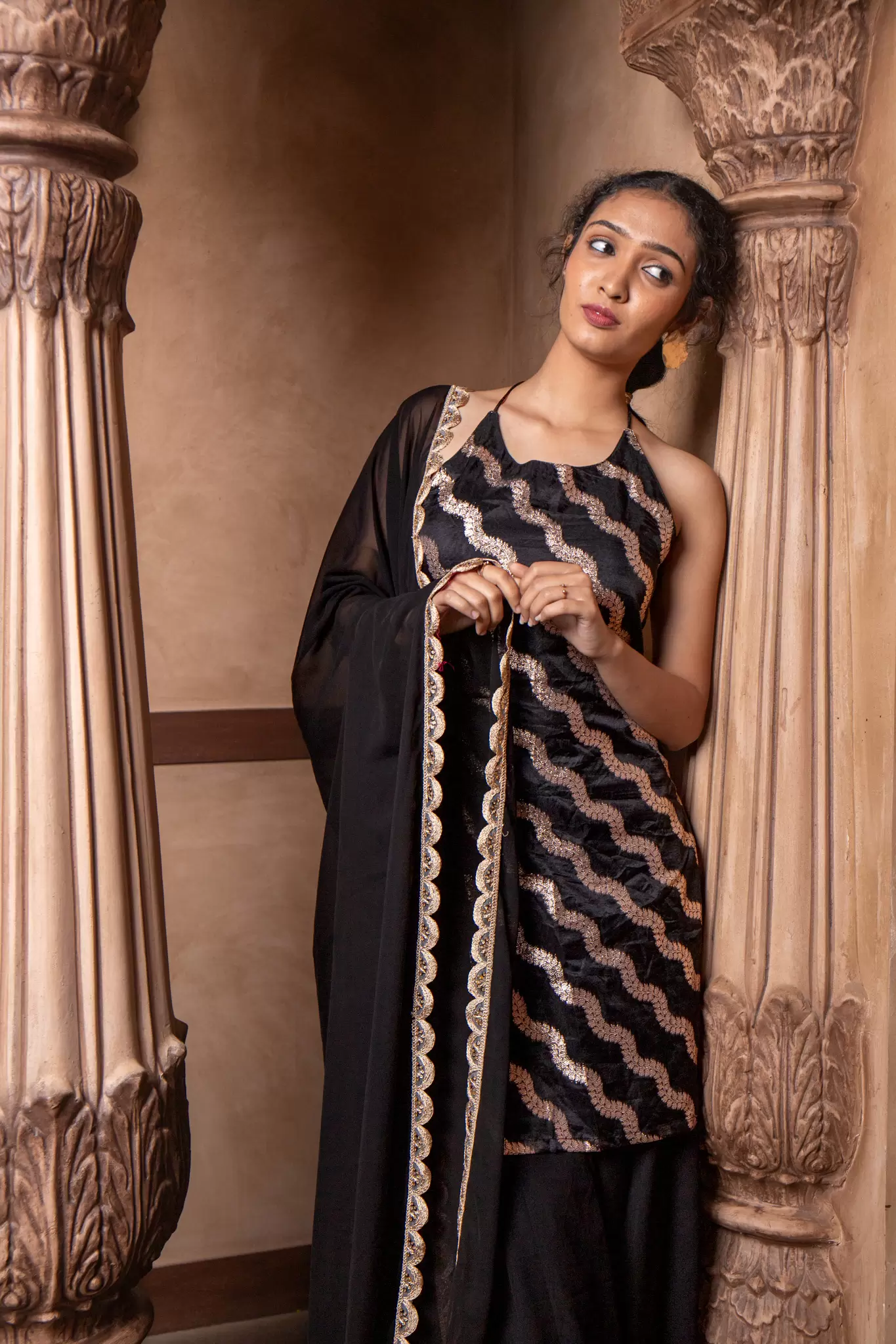 Halter neck Slit Black Kurta in Leheriya Banarasi Fabric with Flared Kali Pallazo and Dupatta set
