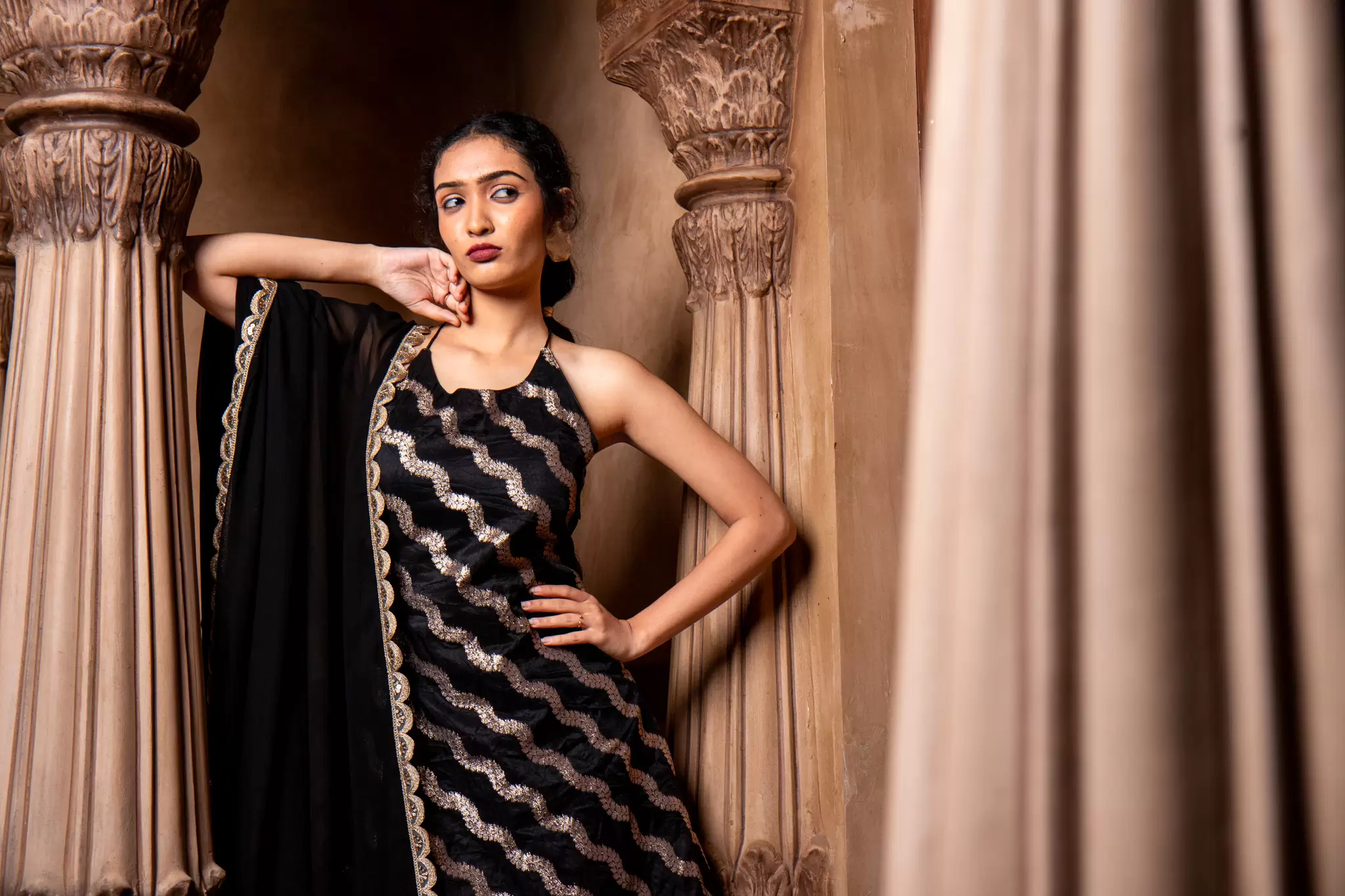 Halter neck Slit Black Kurta in Leheriya Banarasi Fabric with Flared Kali Pallazo and Dupatta set