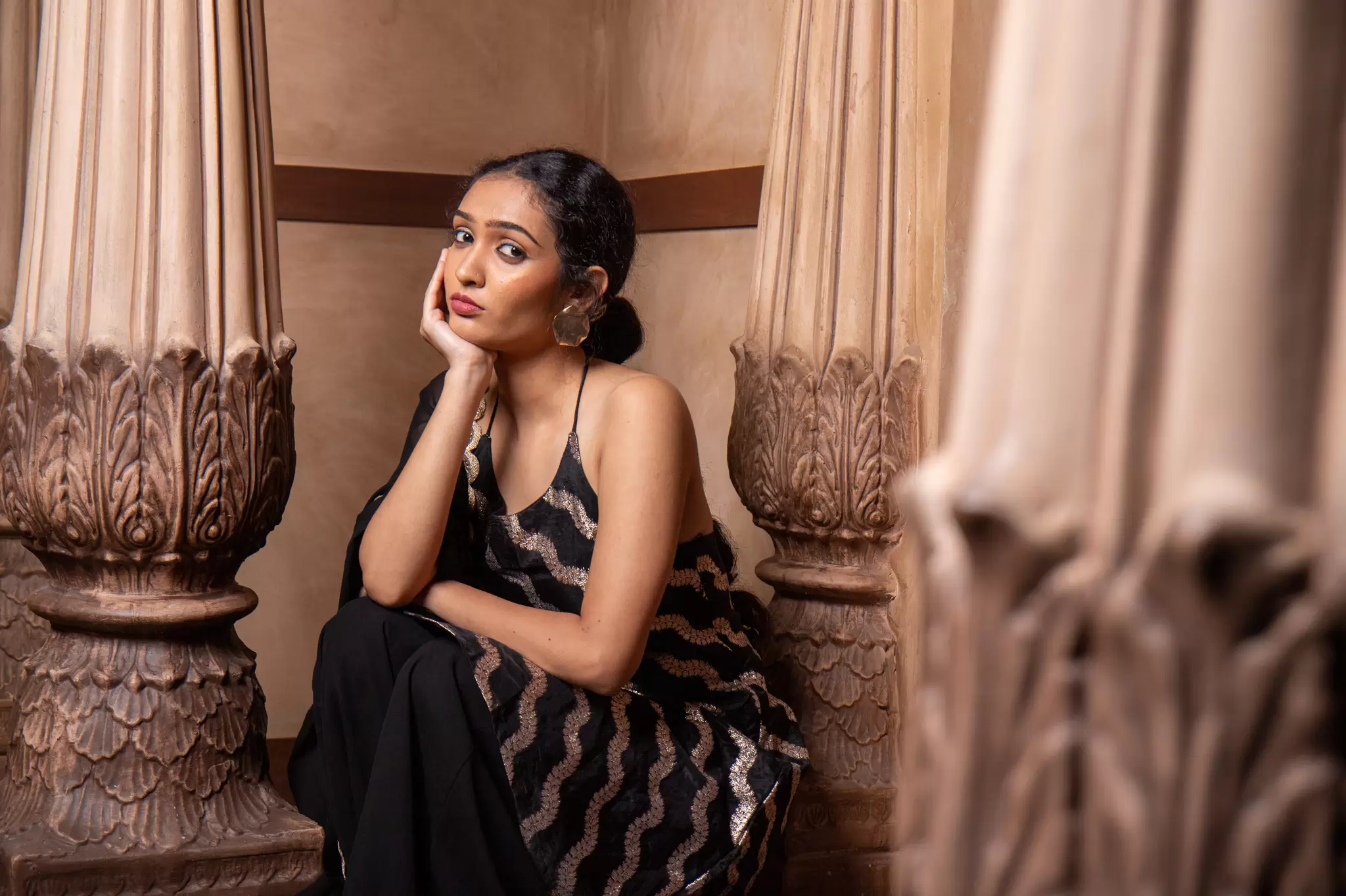 Halter neck Slit Black Kurta in Leheriya Banarasi Fabric with Flared Kali Pallazo and Dupatta set