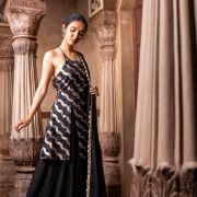 Halter neck Slit Black Kurta in Leheriya Banarasi Fabric with Flared Kali Pallazo and Dupatta set