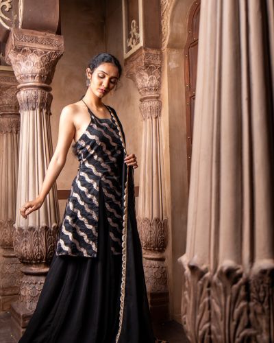 Halter neck Slit Black Kurta in Leheriya Banarasi Fabric with Flared Kali Pallazo and Dupatta set