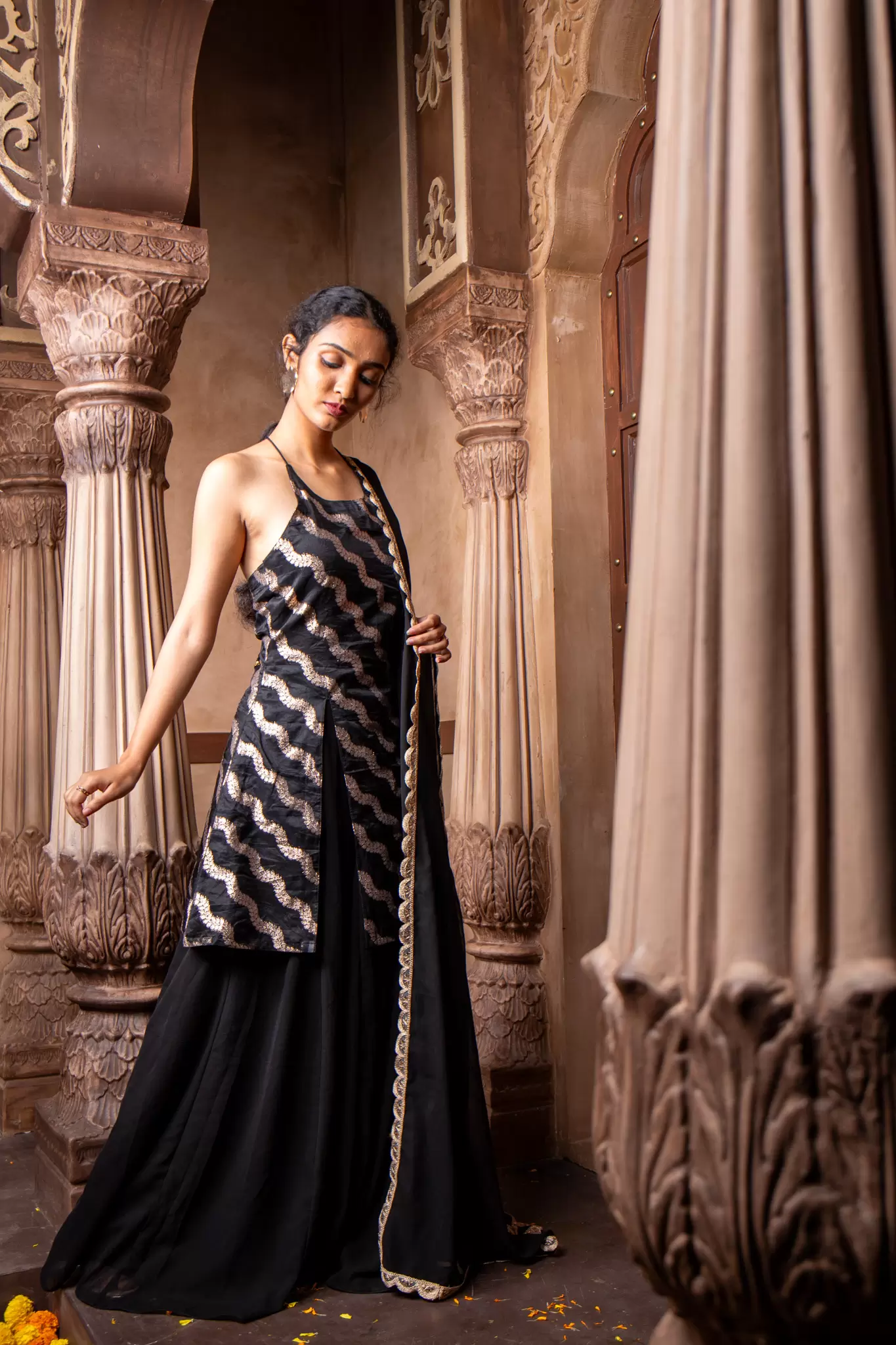 Halter neck Slit Black Kurta in Leheriya Banarasi Fabric with Flared Kali Pallazo and Dupatta set