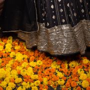 Black Flared Cocktail Gown with Detachable Hand Embroidered Dupatta Drape with Ring Detail