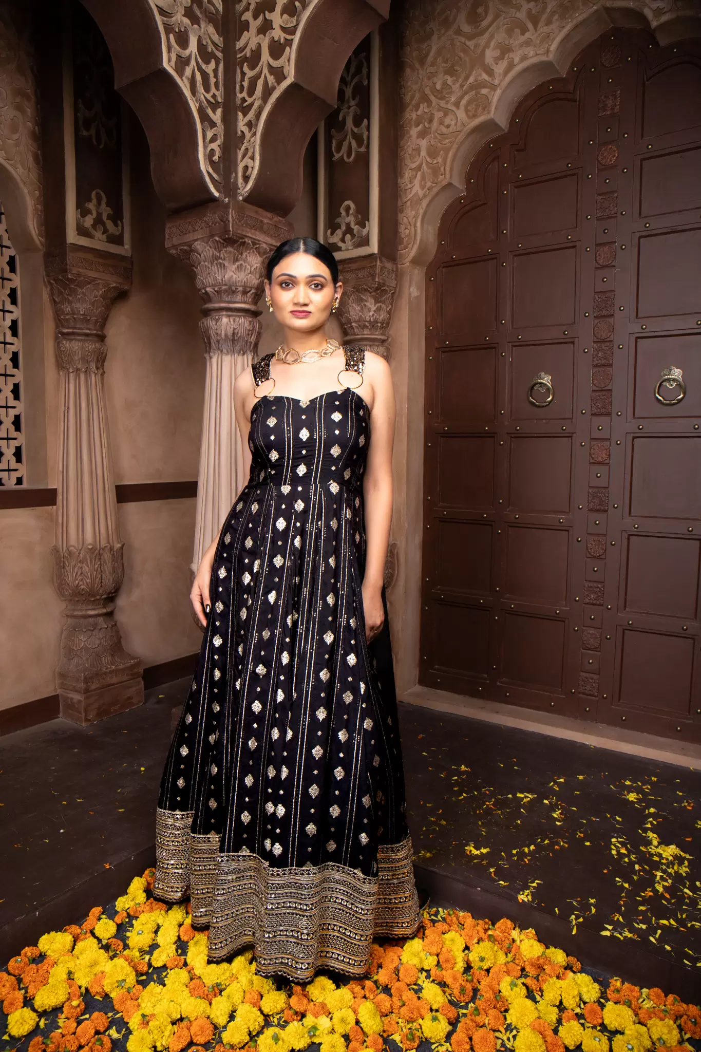 Black Flared Cocktail Gown with Detachable Hand Embroidered Dupatta Drape with Ring Detail