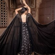 Black Flared Cocktail Gown with Detachable Hand Embroidered Dupatta Drape with Ring Detail