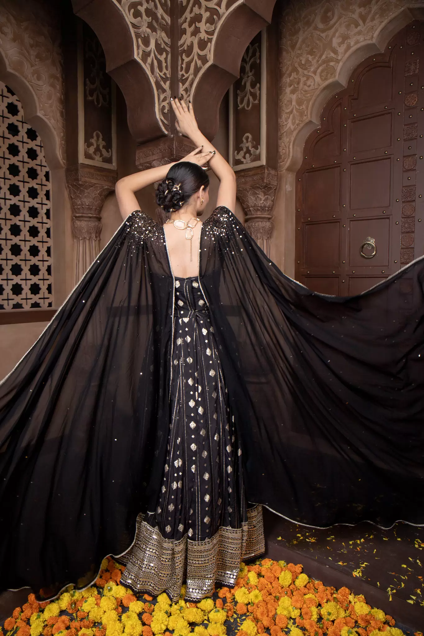 Black Flared Cocktail Gown with Detachable Hand Embroidered Dupatta Drape with Ring Detail