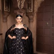 Black Flared Cocktail Gown with Detachable Hand Embroidered Dupatta Drape with Ring Detail