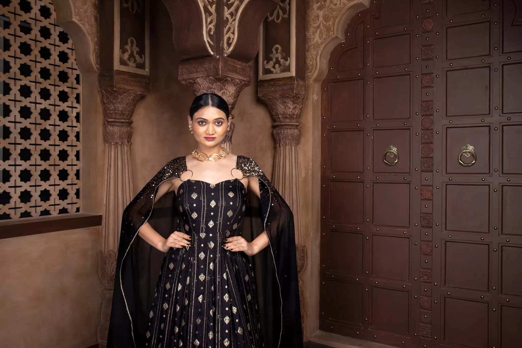 Black Flared Cocktail Gown with Detachable Hand Embroidered Dupatta Drape with Ring Detail