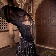 Black Flared Cocktail Gown with Detachable Hand Embroidered Dupatta Drape with Ring Detail