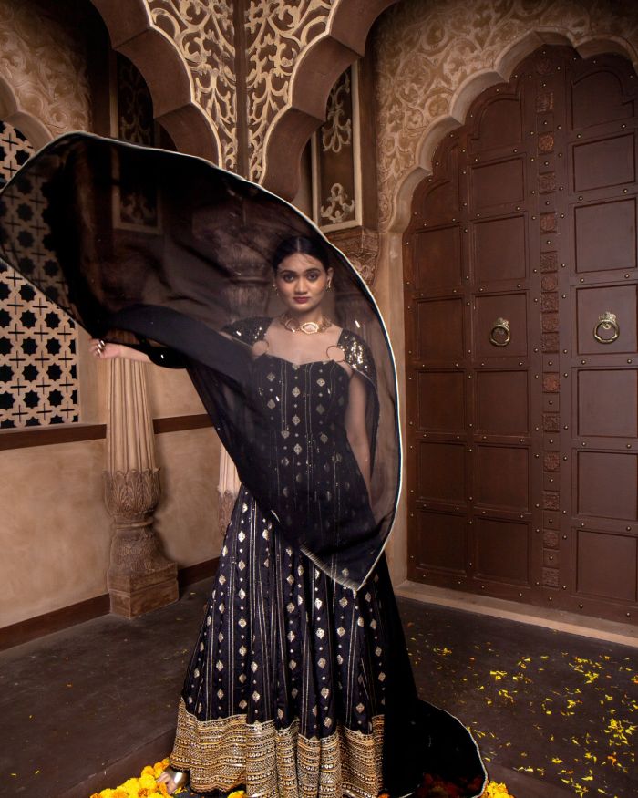 Black Flared Cocktail Gown with Detachable Hand Embroidered Dupatta Drape with Ring Detail