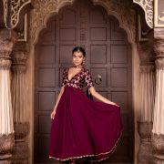 Wine Silk Yoke with Georgette Flared Deep Neck 3 Piece Anarkali Suit