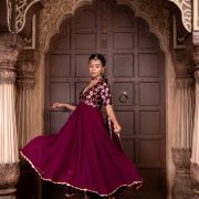 Wine Silk Yoke with Georgette Flared Deep Neck 3 Piece Anarkali Suit