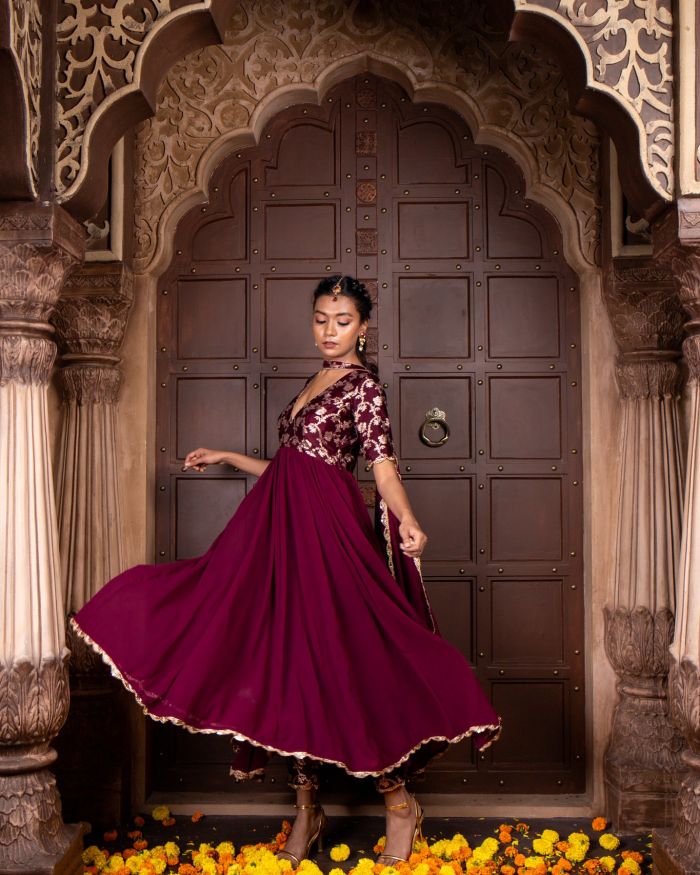 Wine Silk Yoke with Georgette Flared Deep Neck 3 Piece Anarkali Suit