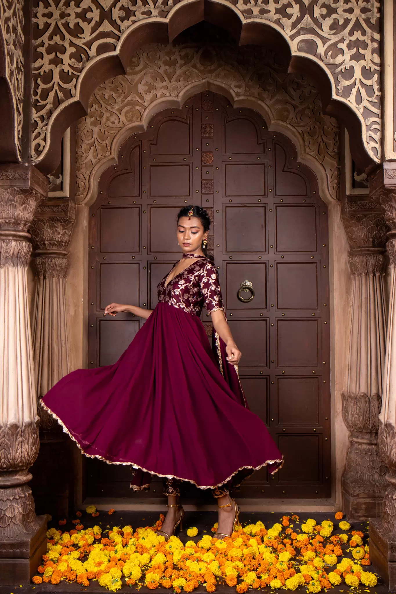 Wine Silk Yoke with Georgette Flared Deep Neck 3 Piece Anarkali Suit