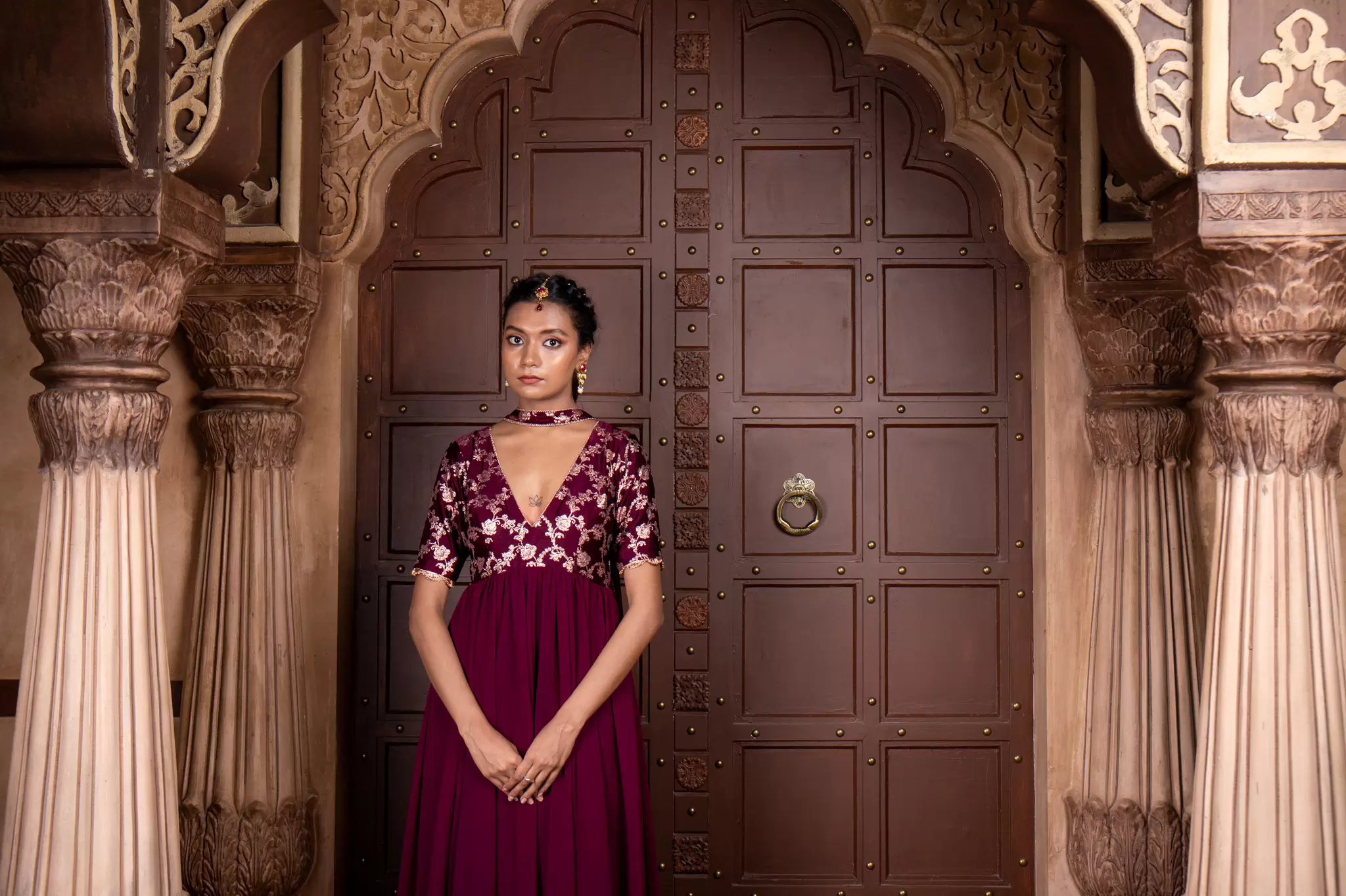 Wine Silk Yoke with Georgette Flared Deep Neck 3 Piece Anarkali Suit