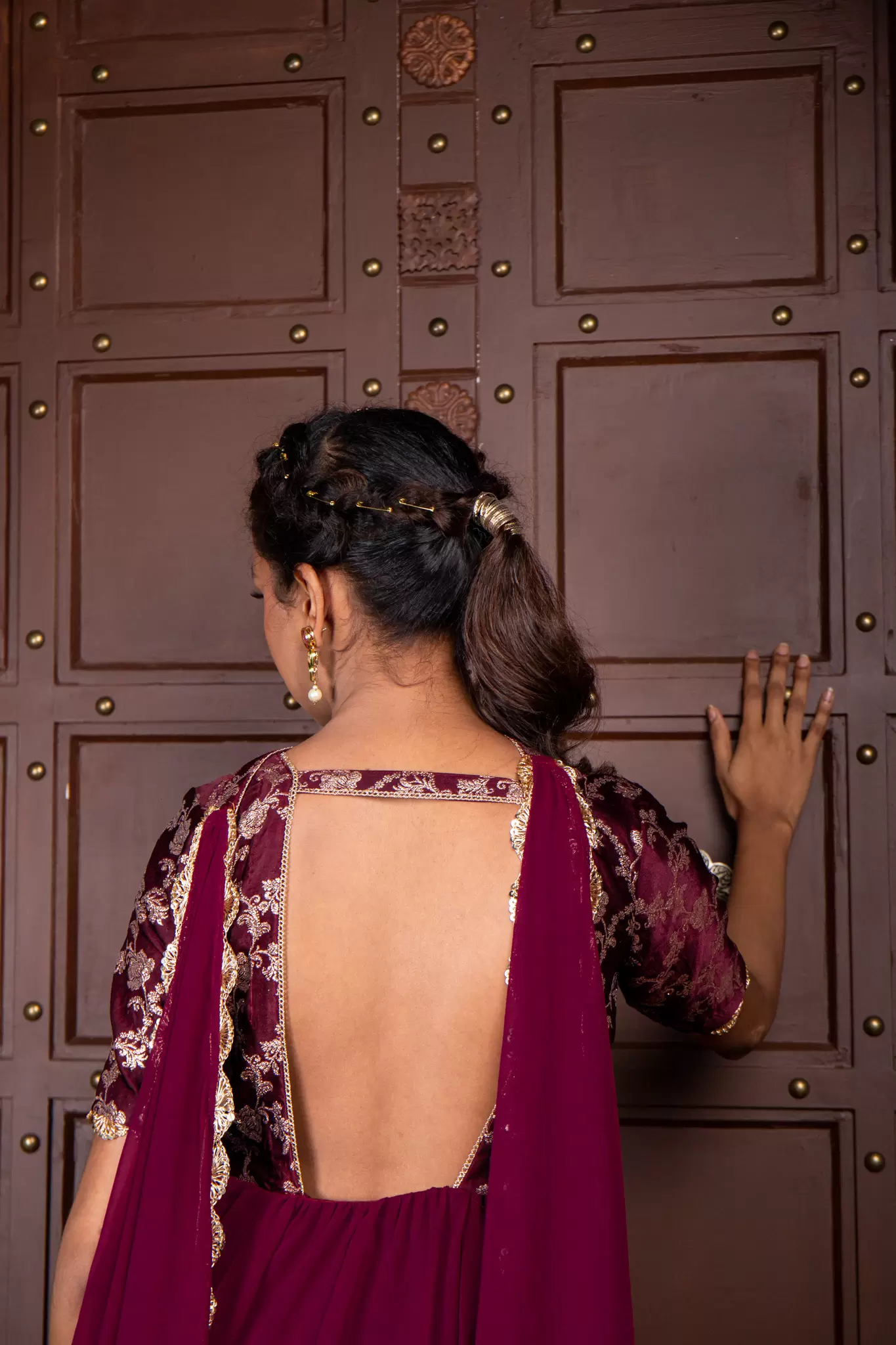 Wine Silk Yoke with Georgette Flared Deep Neck 3 Piece Anarkali Suit