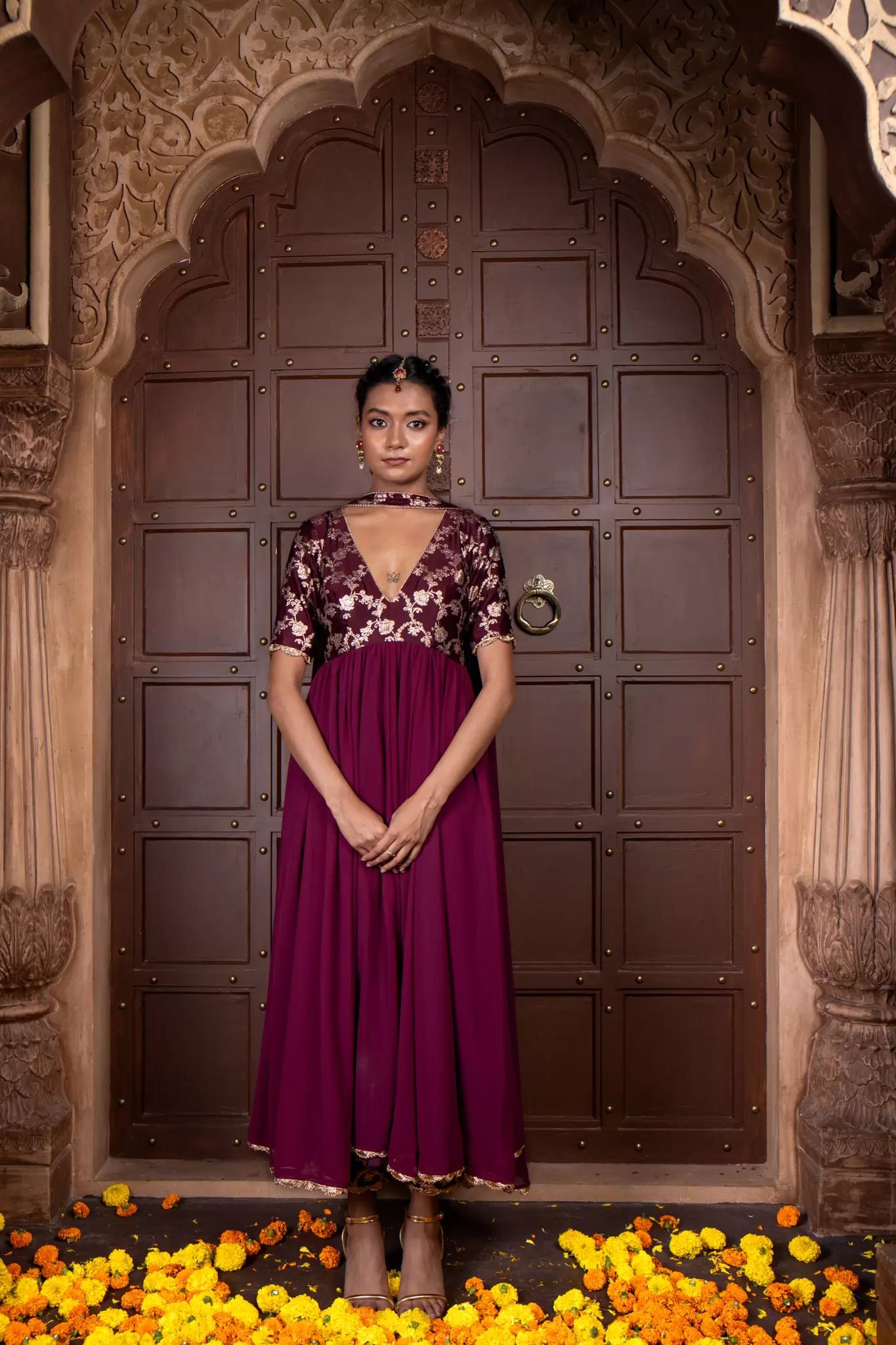 Wine Silk Yoke with Georgette Flared Deep Neck 3 Piece Anarkali Suit