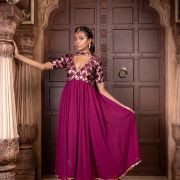 Wine Silk Yoke with Georgette Flared Deep Neck 3 Piece Anarkali Suit