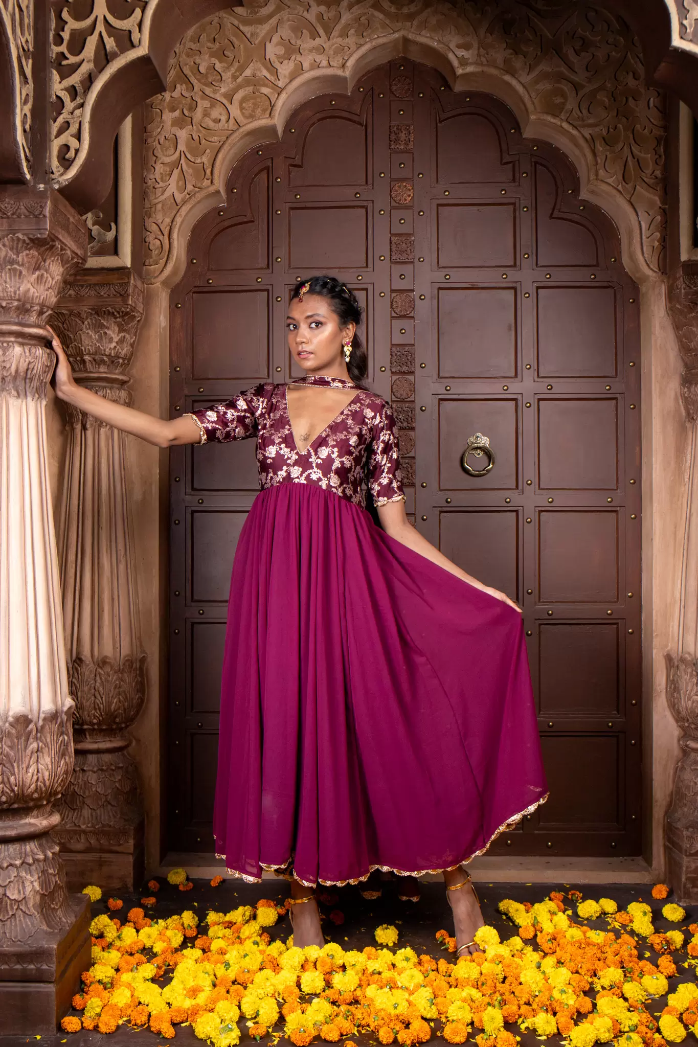 Wine Silk Yoke with Georgette Flared Deep Neck 3 Piece Anarkali Suit